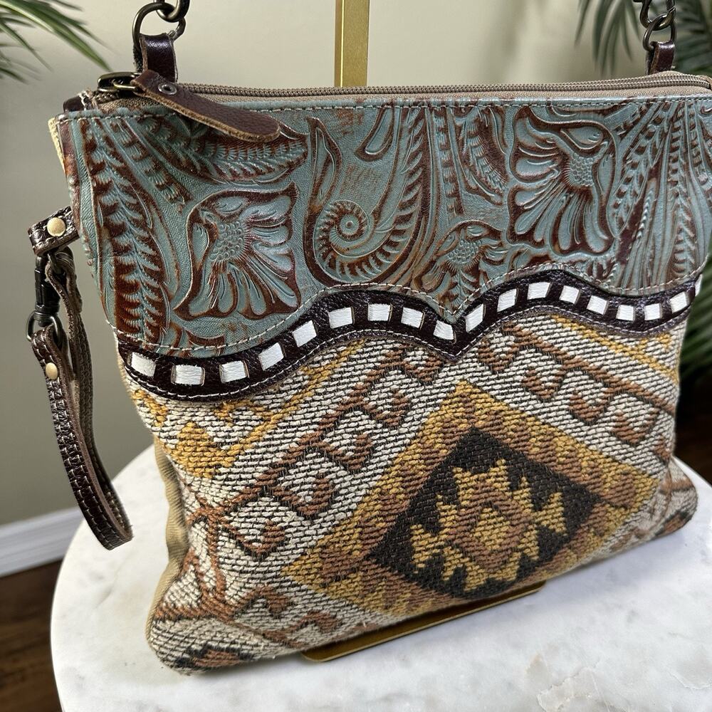 Myra Tooled Leather Turquoise Aztec Boho Western Design